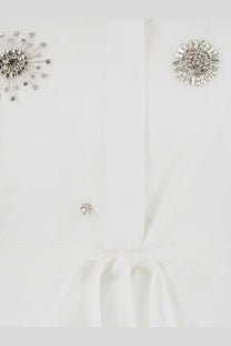 White pinko women’s carley cotton popeline shirt with silver rhinestone embellishments and button closure