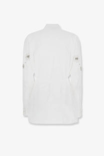 Pinko women’s Carley cotton popeline shirt white with white long-sleeved blouse and delicate floral embroidery on sleeves