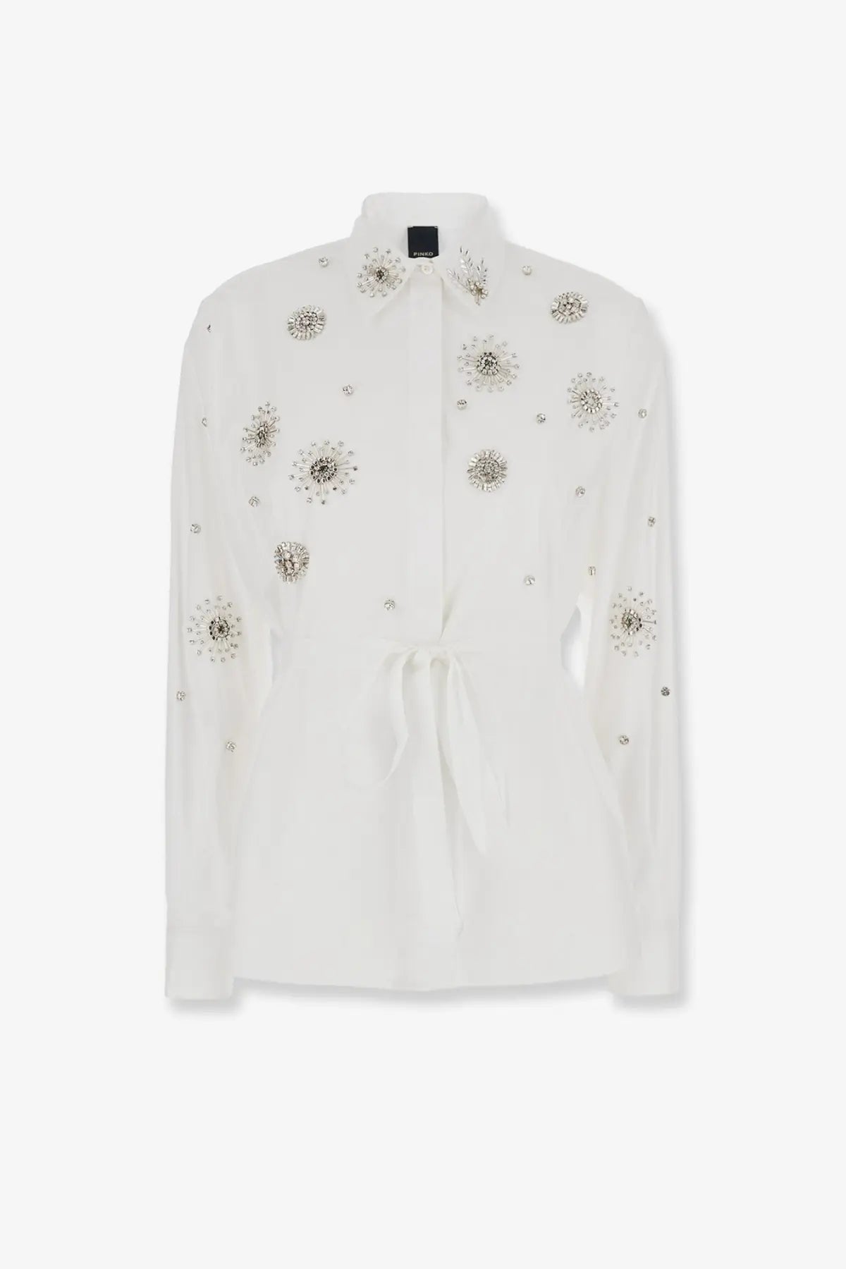 Pinko women’s carley cotton popeline shirt white with long sleeves silver floral embroidery and tied waist detail
