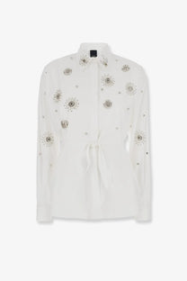 Pinko women’s carley cotton popeline shirt white with long sleeves silver floral embroidery and tied waist detail