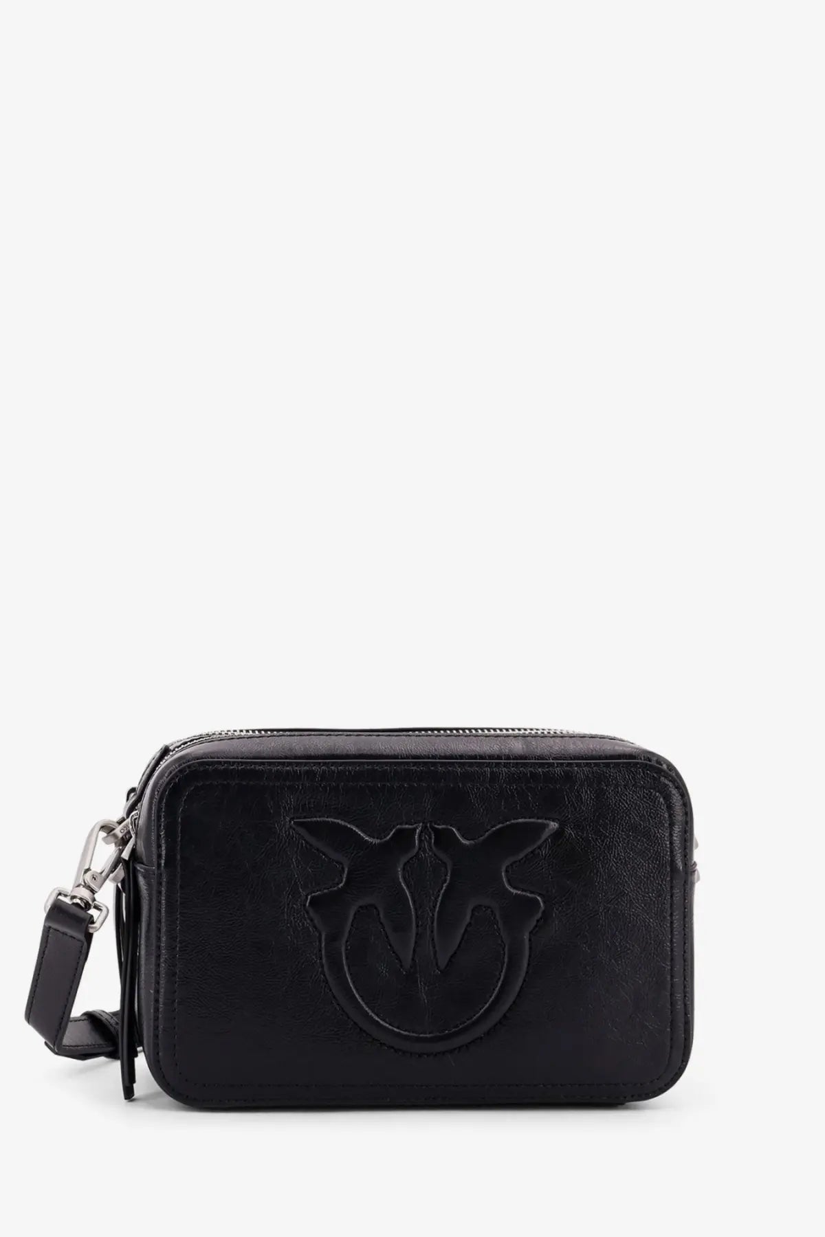 Pinko women’s carrie black leather camera bag with embossed bird logo and shoulder strap for everyday use