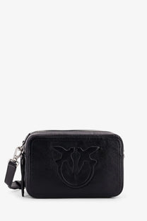 Pinko women’s carrie black leather camera bag with embossed bird logo and shoulder strap for everyday use