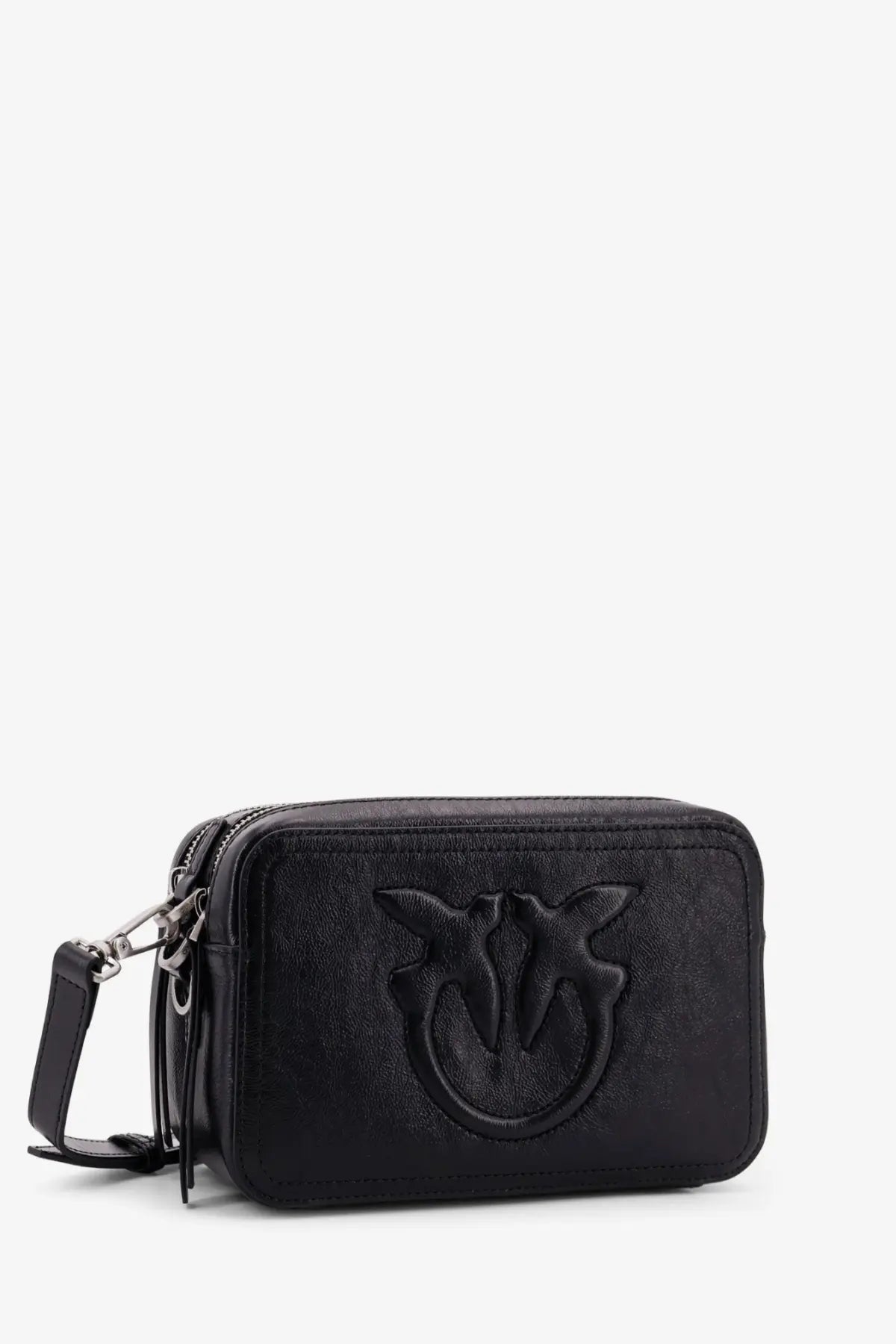 Pinko women’s Carrie black leather crossbody bag with embossed logo and adjustable shoulder strap
