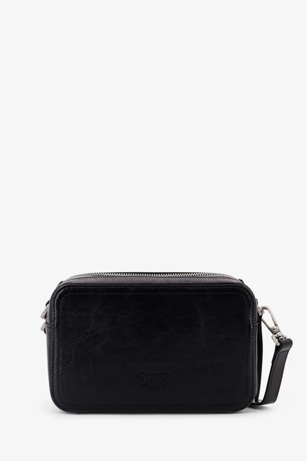 Pinko women’s Carrie leather shoulder bag in black with sleek rectangular design and silver-toned hardware
