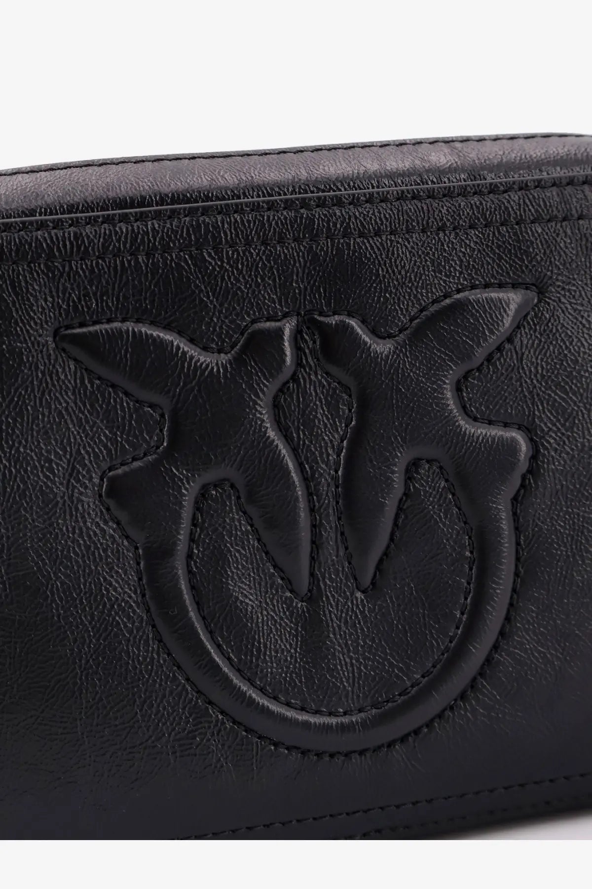 Black leather wallet with embossed bird logo and stitched detailing from pinko women’s carrie leather shoulder bag black