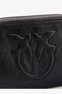 Black leather wallet with embossed bird logo and stitched detailing from pinko women’s carrie leather shoulder bag black
