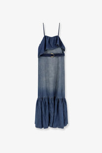 Pinko women’s chiarodiluna denim maxi dress with ruffled straps and hem in a gradient fade from dark to light blue
