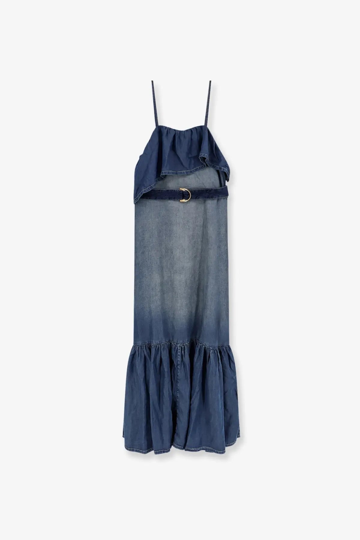 Pinko women’s chiarodiluna light denim maxi dress with ruffled straps and hem in gradient dark to light blue