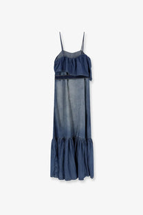 Pinko women’s chiarodiluna light denim maxi dress with ruffled bodice tiered hem thin straps faded blue wash