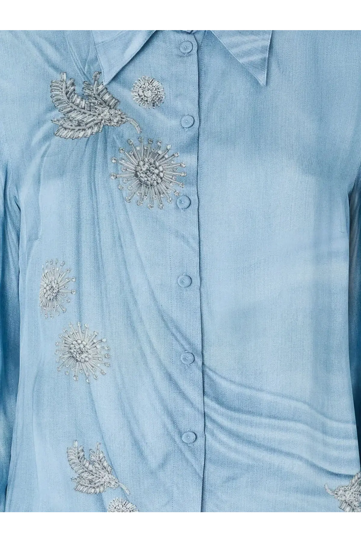 Pinko women’s Christa satin shirt blue in light blue with intricate silver beaded floral and leaf embroidery