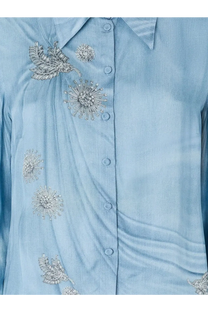 Pinko women’s Christa satin shirt blue in light blue with intricate silver beaded floral and leaf embroidery