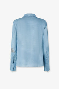 Pinko women’s christa satin shirt blue light blue satin blouse with delicate silver embroidery on left sleeve