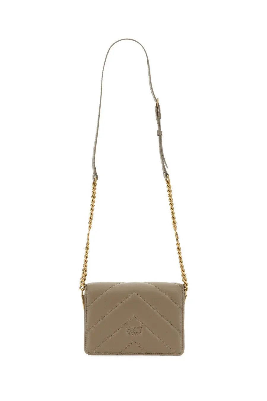 Beige quilted leather Pinko women’s Click Mini Love crossbody bag with gold-tone chain strap