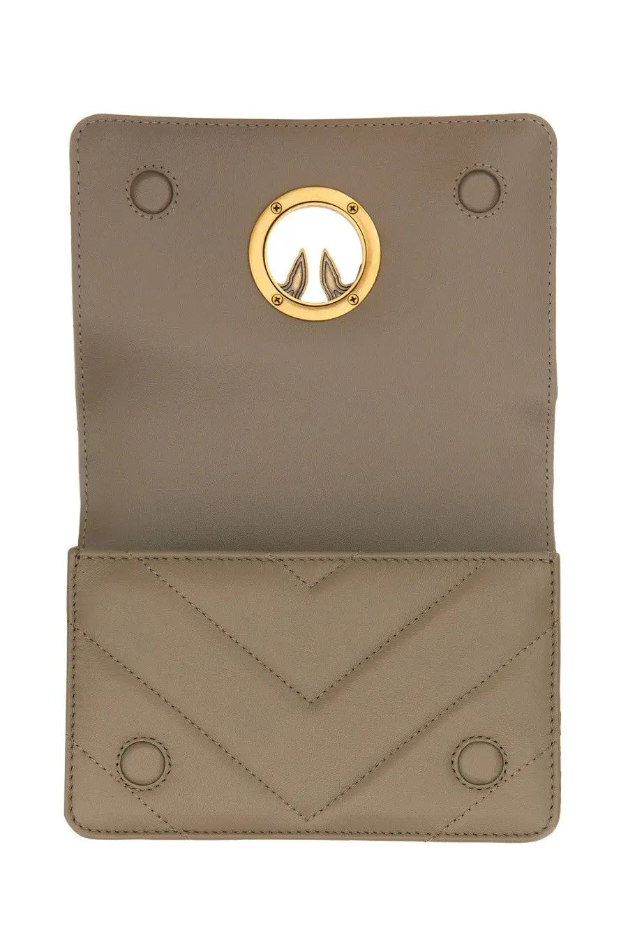 Pinko women’s click mini love bag beige taupe quilted leather clutch with gold-tone circular clasp and embossed logo