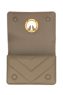 Pinko women’s click mini love bag beige taupe quilted leather clutch with gold-tone circular clasp and embossed logo