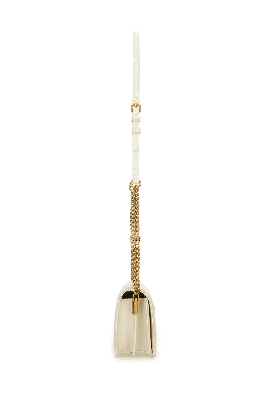 Pinko women’s Click Mini Love bag in cream leather with gold-tone chain strap for crossbody use