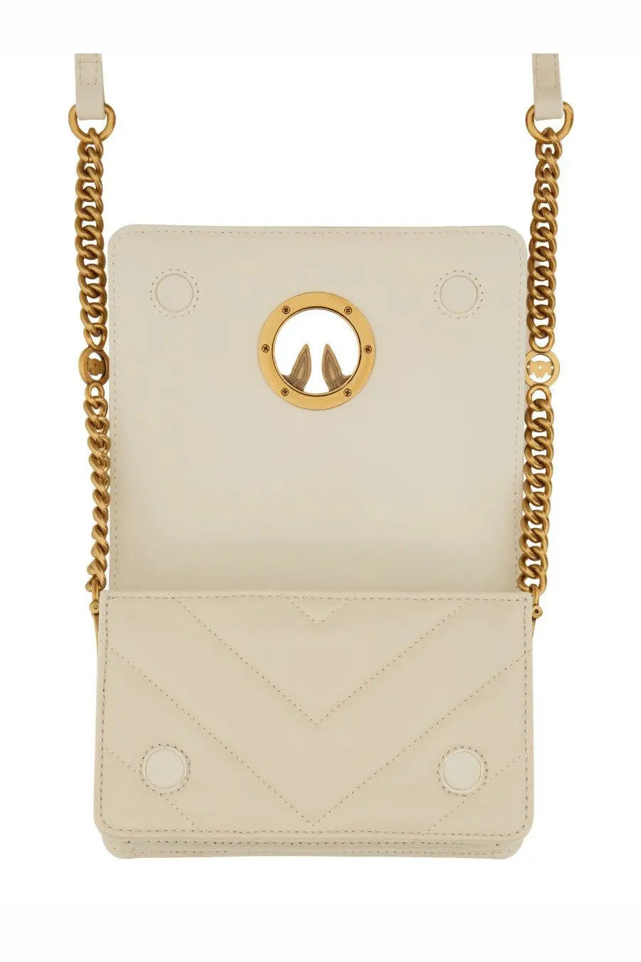 Pinko women’s click mini love bag white cream-colored quilted leather crossbody with gold chain and bird clasp