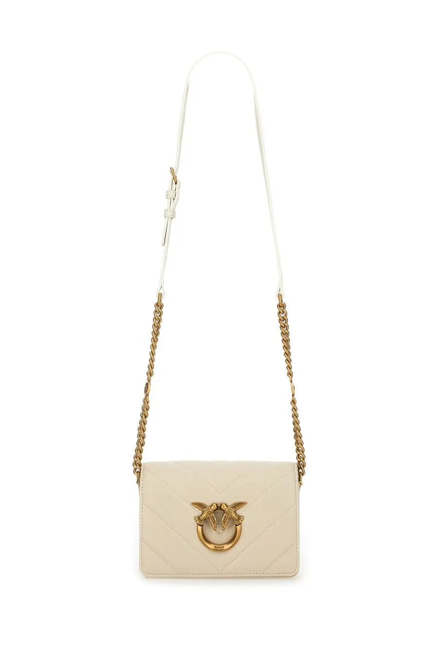 Pinko women’s Click Mini Love Bag white cream-colored quilted leather crossbody with gold bird clasp and chain strap