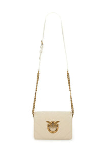 Pinko women’s Click Mini Love Bag white cream-colored quilted leather crossbody with gold bird clasp and chain strap