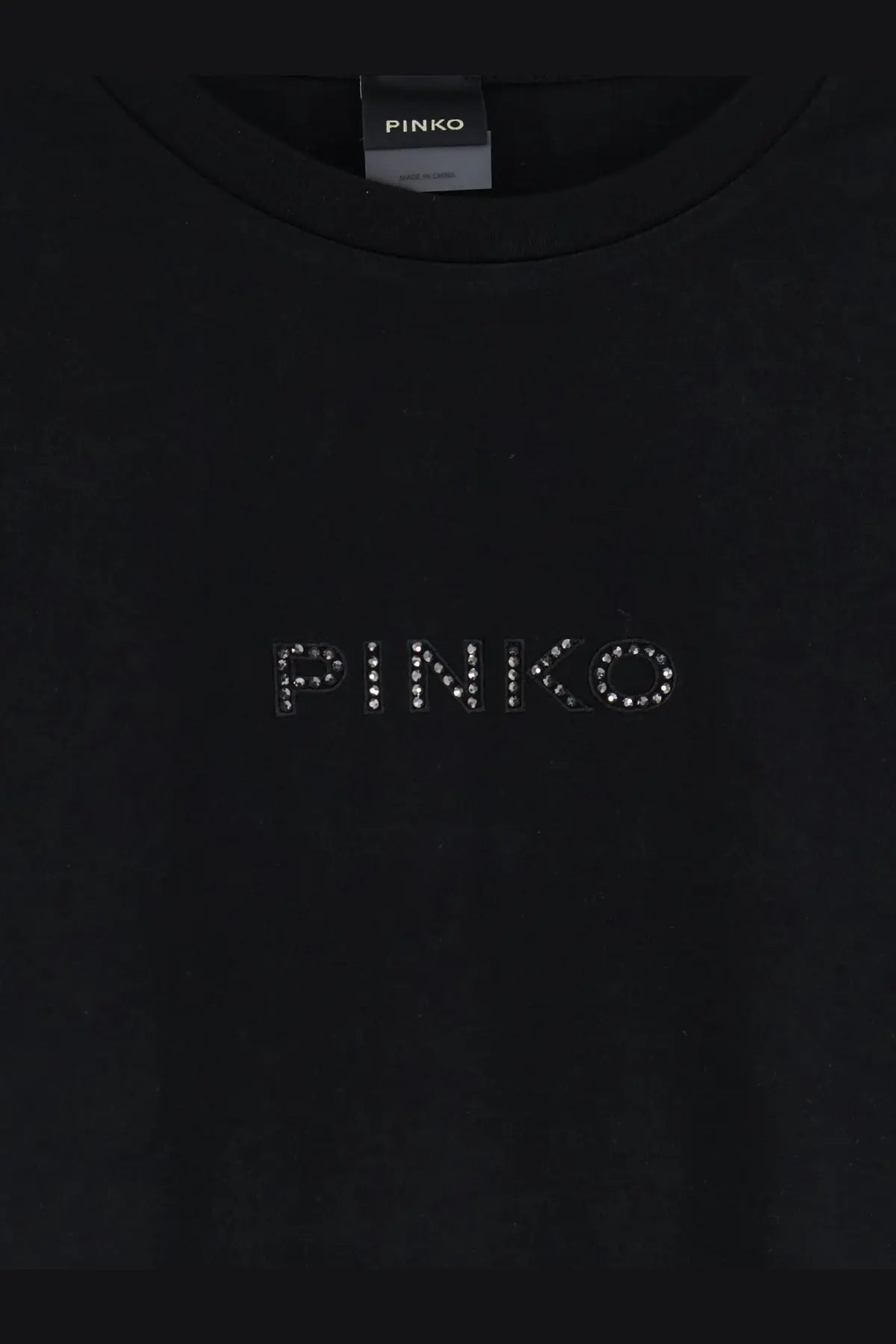 Black pinko women’s cotton t shirt in black with brand name embroidered in sparkling rhinestones across the chest