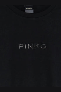 Black pinko women’s cotton t shirt in black with brand name embroidered in sparkling rhinestones across the chest