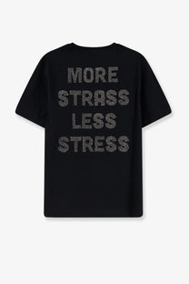 Back of pinko women’s black cotton t shirt with more strass less stress spelled out in sparkling rhinestones