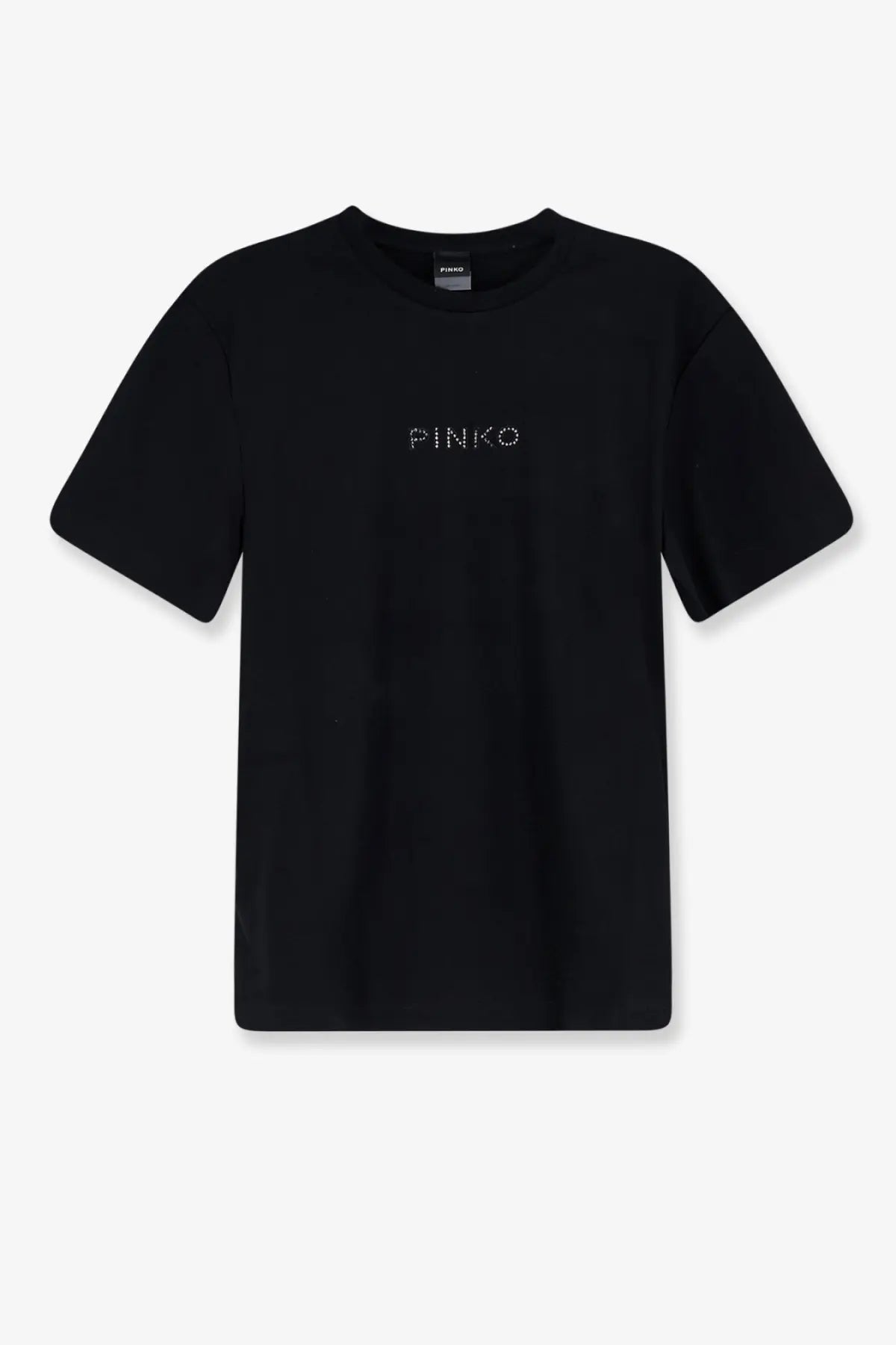 Pinko women’s black cotton t-shirt with subtle sparkling embroidered Pinko logo across the chest