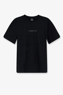 Pinko women’s black cotton t-shirt with subtle sparkling embroidered Pinko logo across the chest