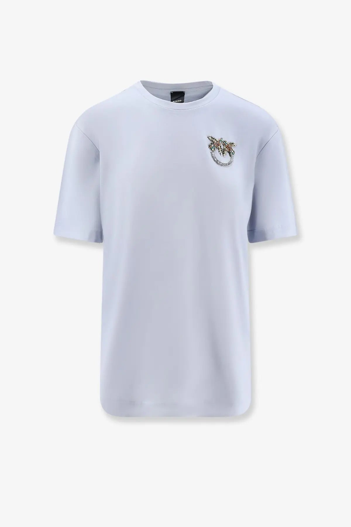 Pinko women’s light gray cotton short-sleeved t-shirt with a sparkling embellished logo on the left chest