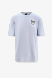 Pinko women’s light gray cotton short-sleeved t-shirt with a sparkling embellished logo on the left chest