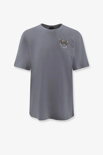 Pinko women’s grey cotton short-sleeved t-shirt with a detailed embellished logo on the left chest