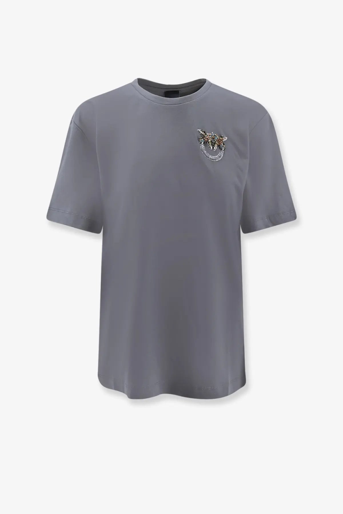 Pinko women’s gray short-sleeved cotton t-shirt with detailed embellished logo on the left chest