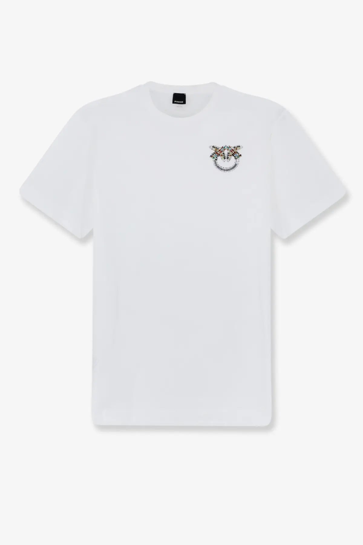 Pinko women’s white cotton short-sleeved t-shirt with colorful embroidered logo on the left chest