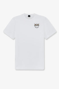 Pinko women’s white cotton short-sleeved t-shirt with colorful embroidered logo on the left chest