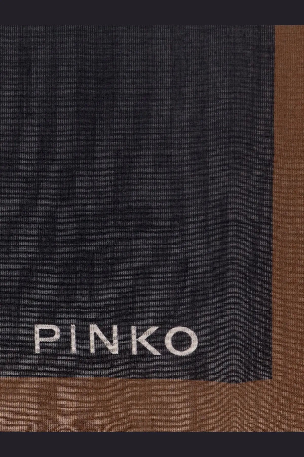 Dark navy silk Pinko women’s foulard with brown border and white embroidered logo for elegant styling