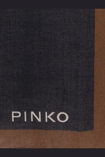 Dark navy silk Pinko women’s foulard with brown border and white embroidered logo for elegant styling