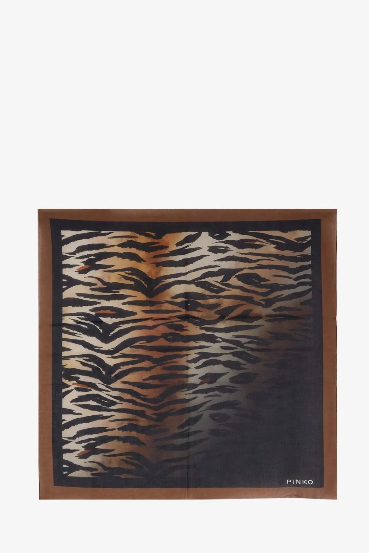 Pinko women’s cotton valzer foulard gold square silk scarf with bold black and tan tiger stripe pattern and brown border