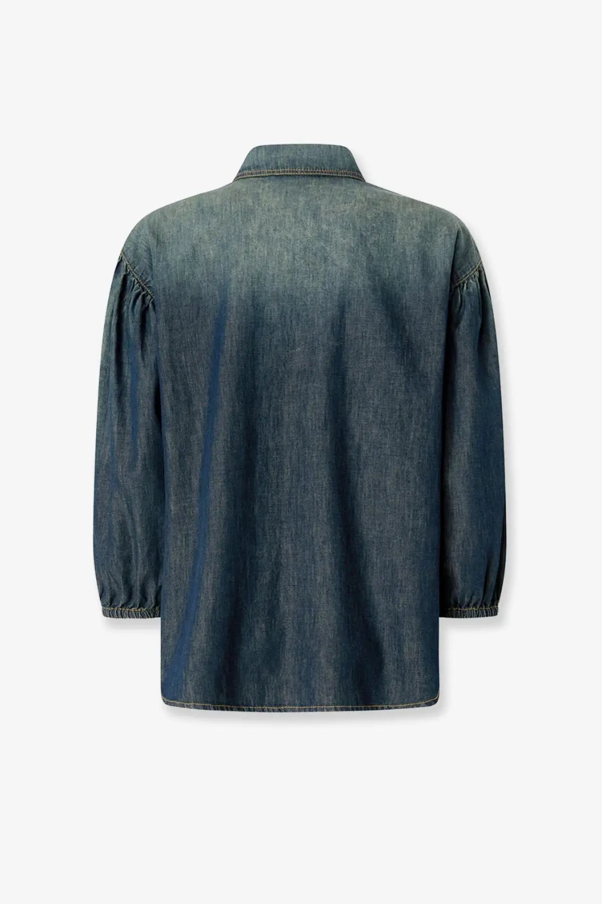 Pinko women’s Danae light denim shirt with classic collar and puffed sleeves in medium-wash blue cotton fabric