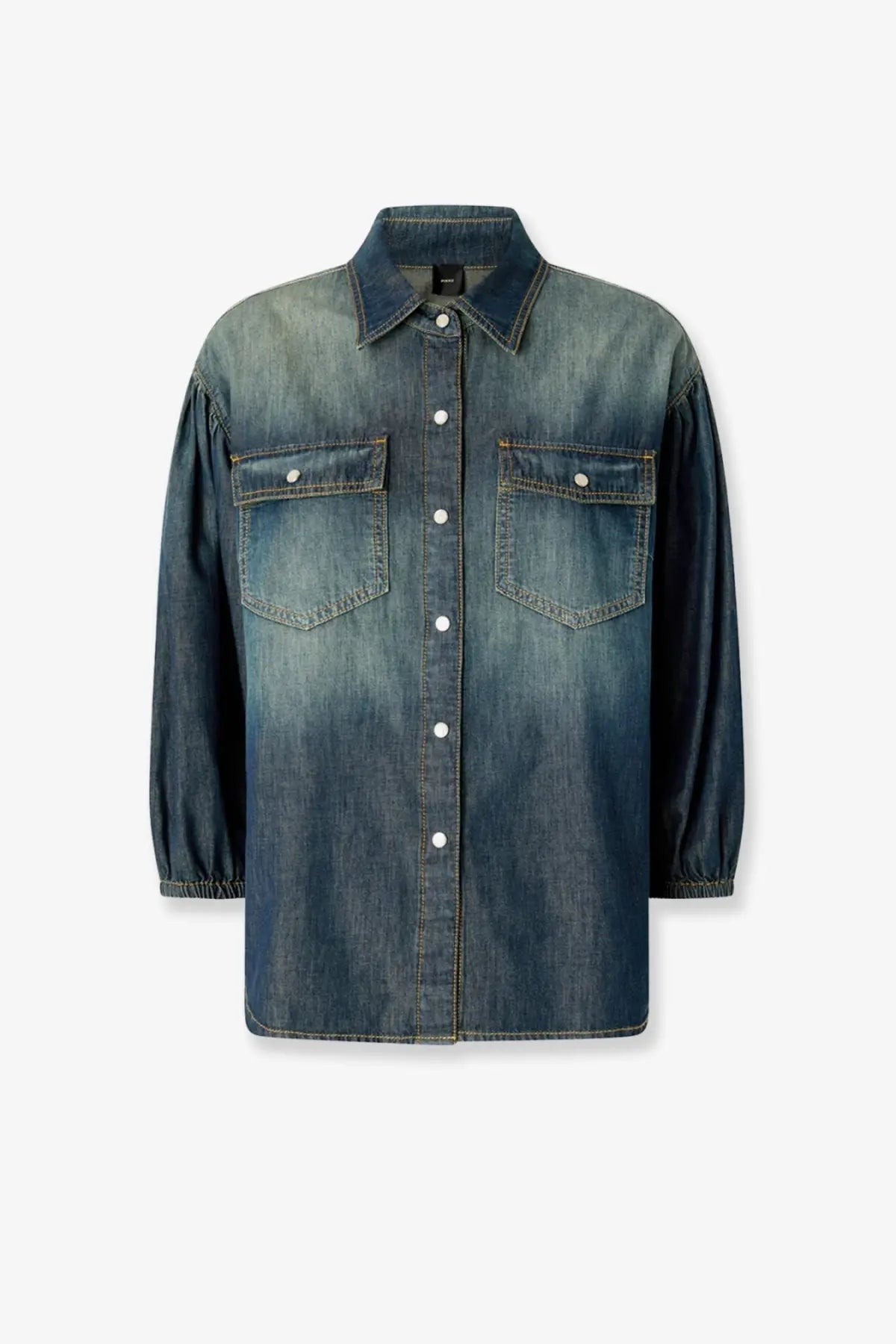 Pinko women’s Danae light denim shirt in faded blue wash with two front pockets and white buttons
