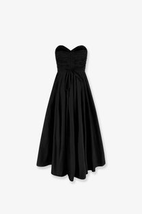 Pinko women’s dattero black satin strapless midi dress with ruched bodice and gathered waist in taffeta material