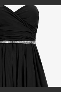 Pinko women’s dattero black strapless taffeta dress with draped bodice and silver beaded shimmering belt