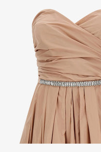 Pinko women’s dattero taffeta dress pink beige satin with draped bodice and silver beaded belt