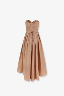 Pinko women’s dattero taffeta dress pink beige satin strapless gown with ruched bodice and flowing skirt