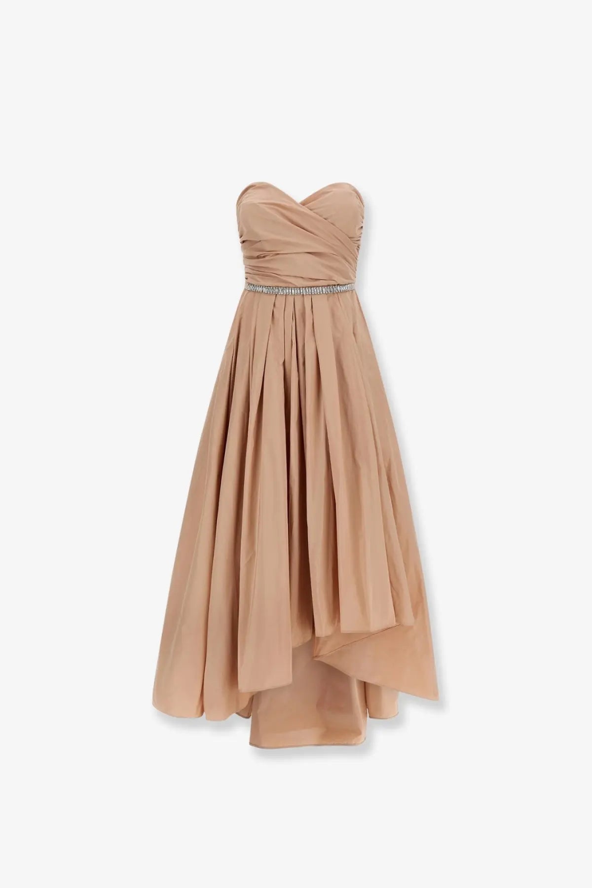 Pinko women’s dattero taffeta dress in pink with a strapless beige chiffon gown featuring a silver belt