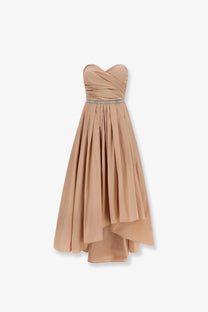Pinko women’s dattero taffeta dress in pink with a strapless beige chiffon gown featuring a silver belt