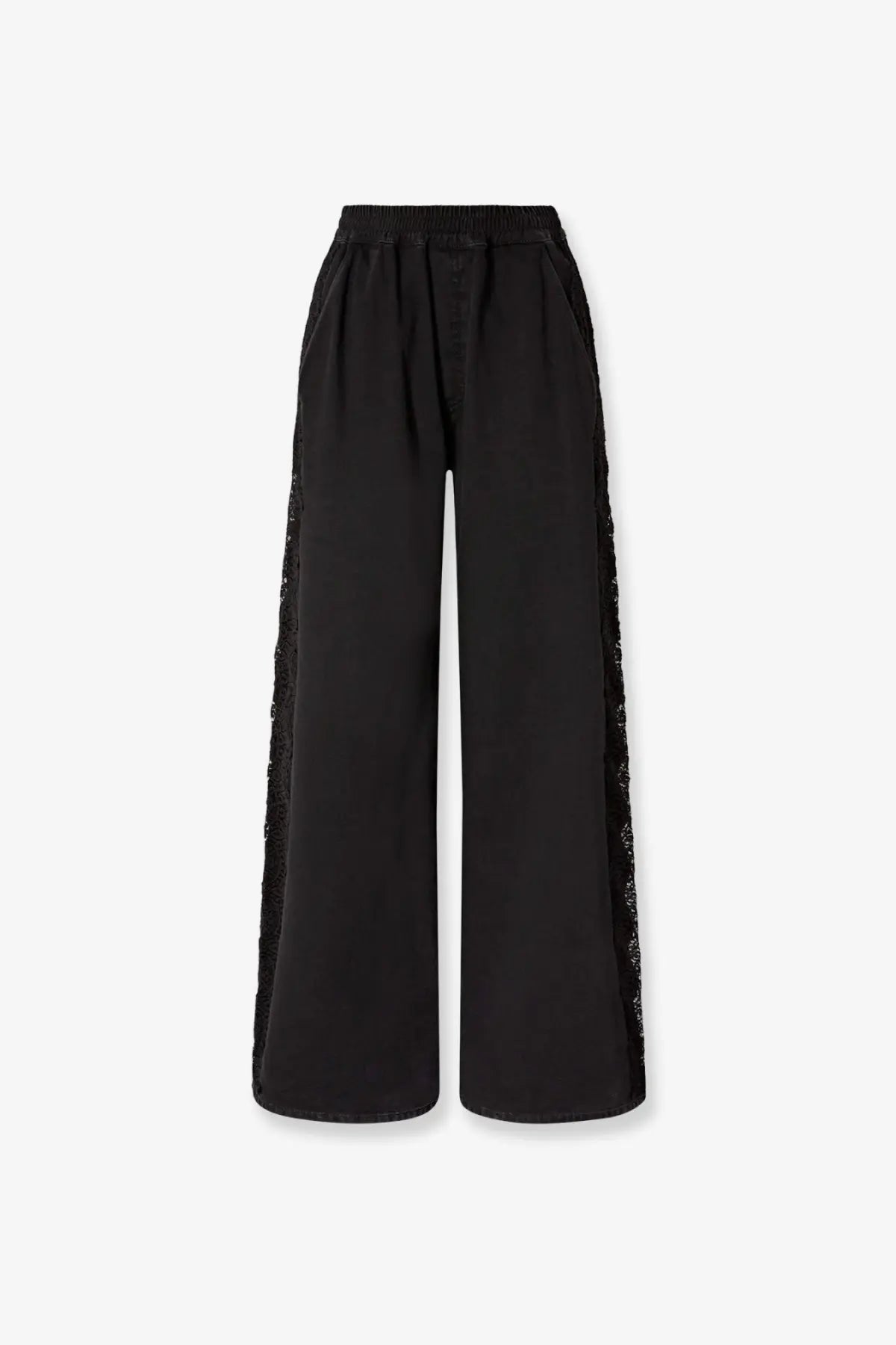 Pinko women’s black denim wide-leg trousers with sheer lace trim along the outer seams