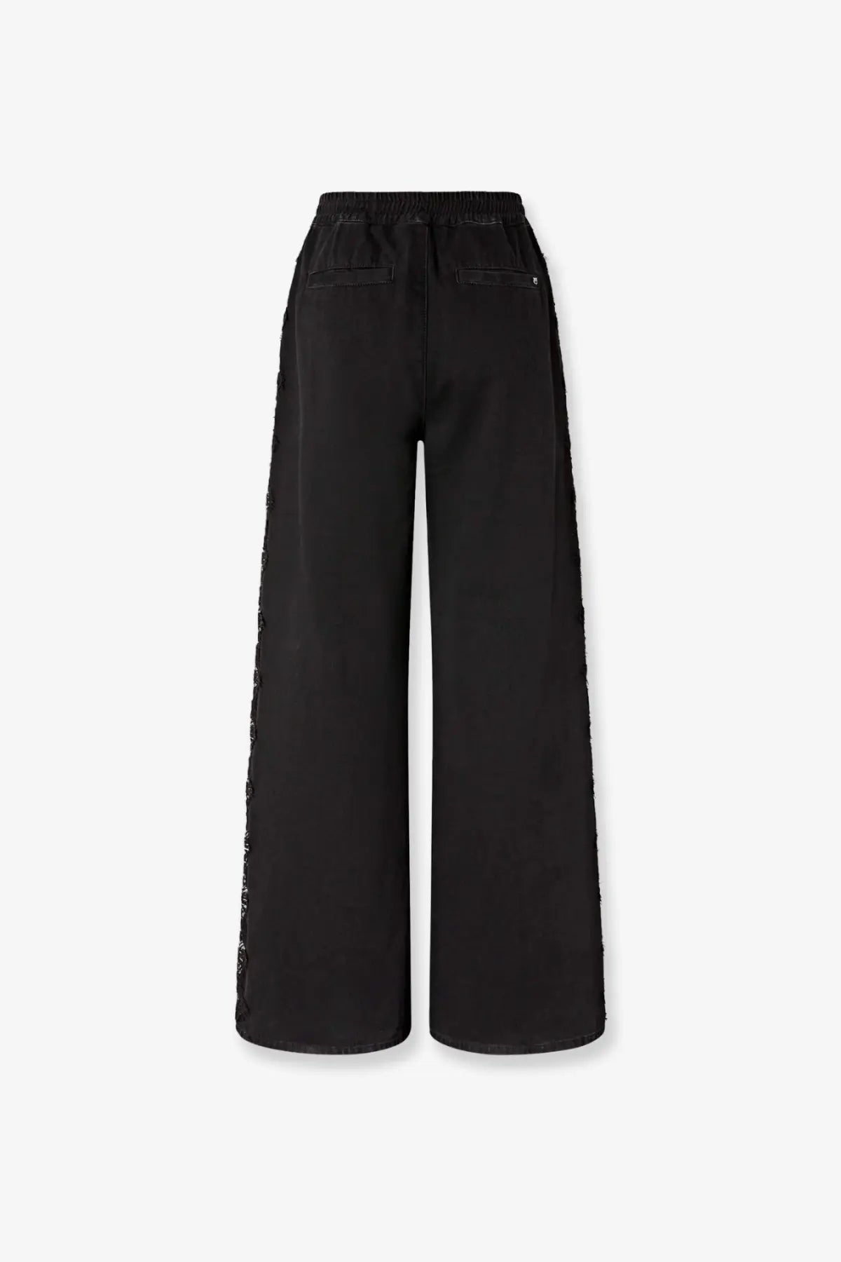 Pinko women’s denim black trousers with wide legs, stretchy elastic waistband, and sequin decorative side panels