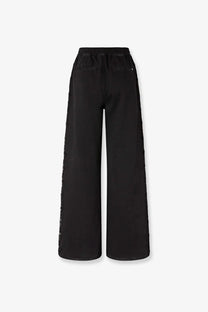 Pinko women’s denim black trousers with wide legs, stretchy elastic waistband, and sequin decorative side panels