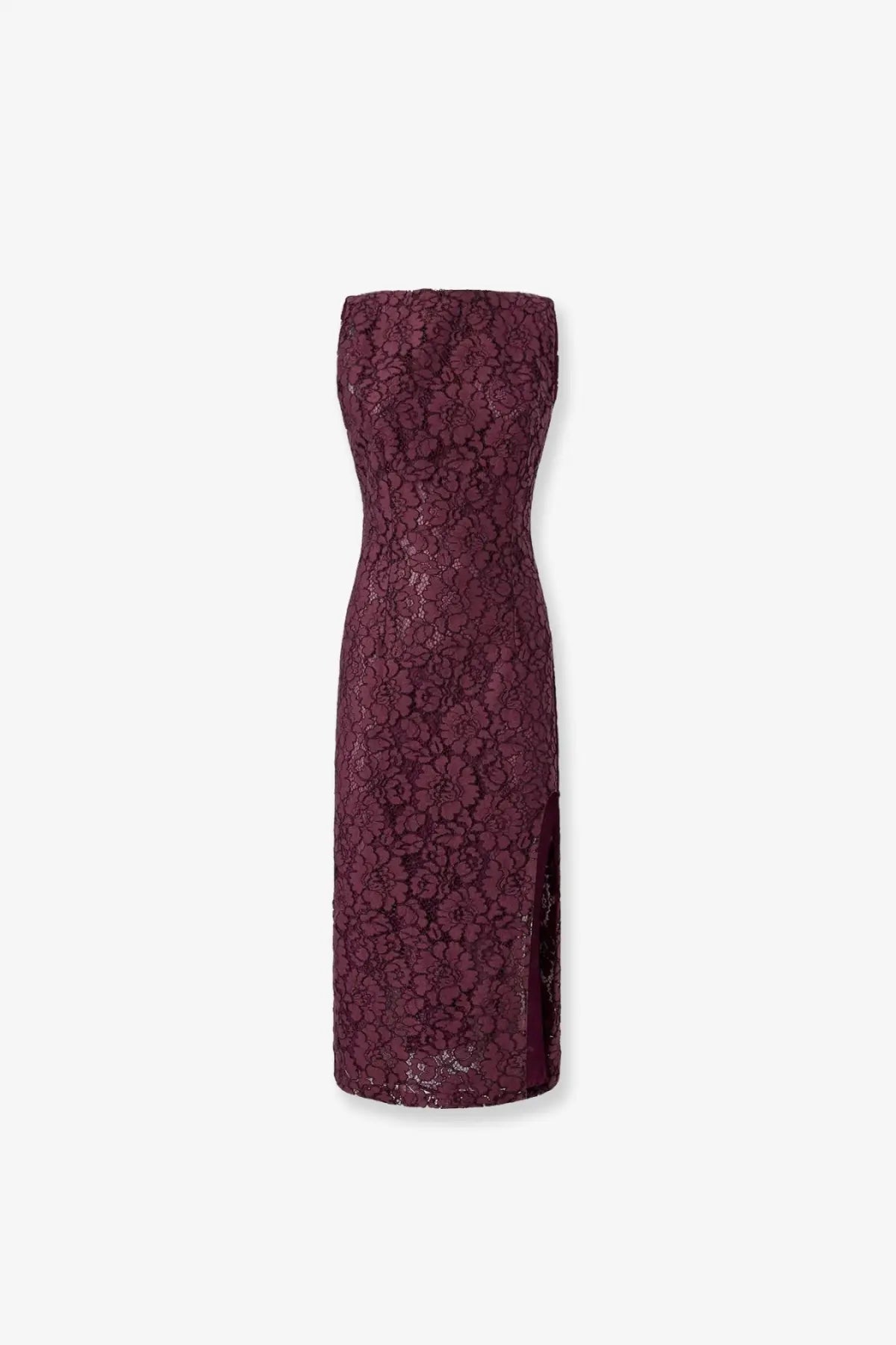 Pinko women’s drupa lace dress red midi dress with fitted silhouette made of burgundy lace and side slit