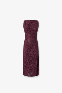 Pinko women’s drupa lace dress red midi dress with fitted silhouette made of burgundy lace and side slit